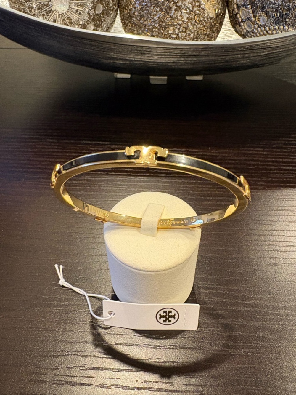 Tory Burch Gold and Black Enamel Logo Hinge Bracelet